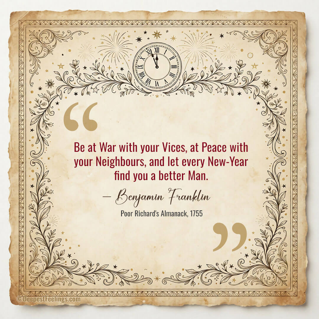 New Year quote card with Benjamin Franklin's words from Poor Richard's Almanack, 1755