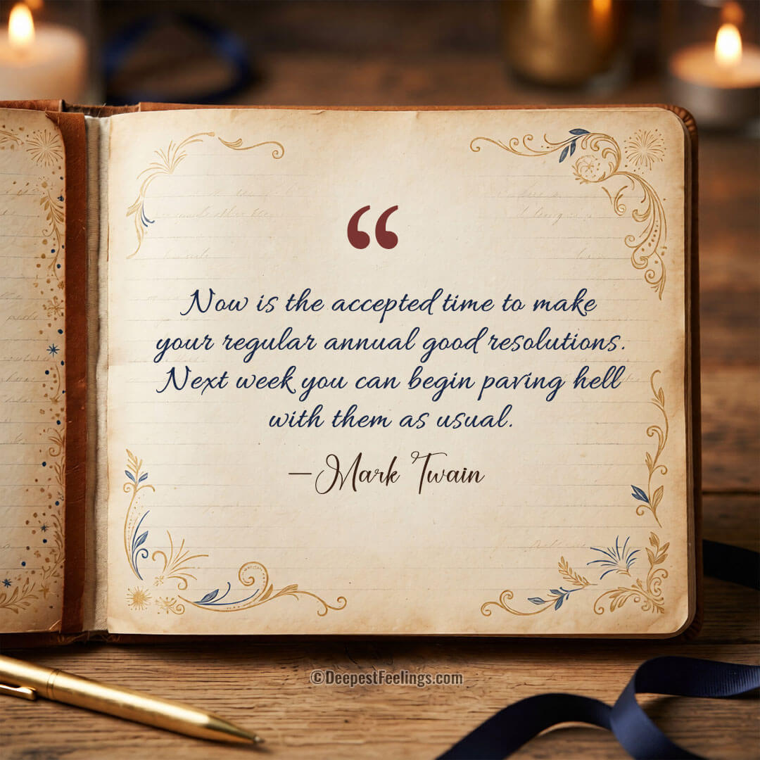 New Year quote card with Mark Twain's joke about making annual good resolutions
