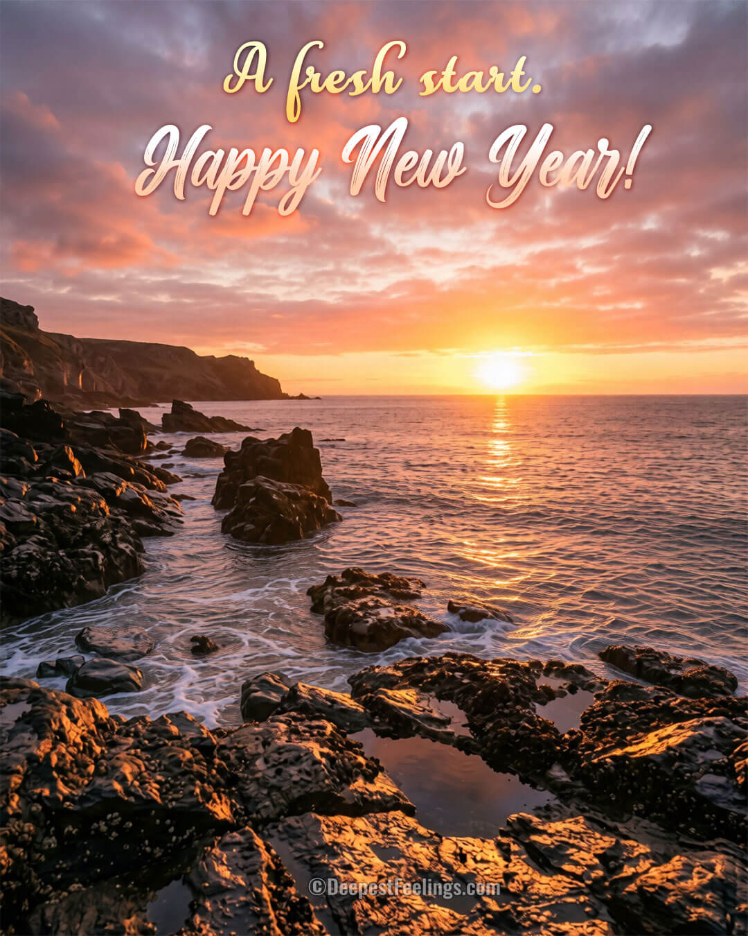 New Year card with the first sunrise over hills and the words A fresh start