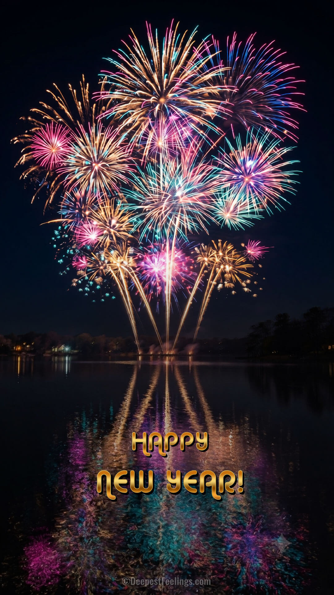 Vertical New Year WhatsApp status image with fireworks filling the screen