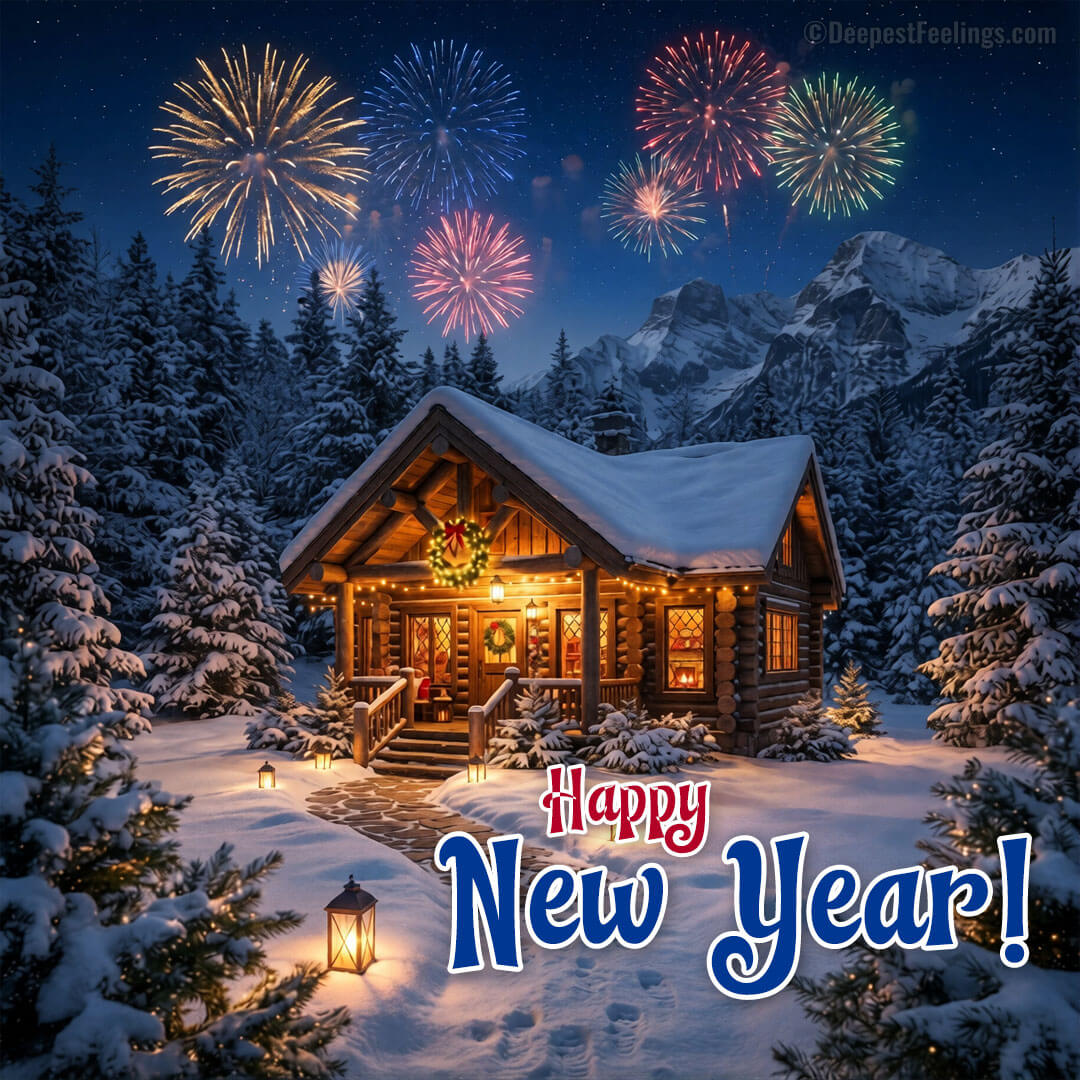 New Year card of a cosy log cabin glowing on a snowy night