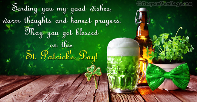 A St. Patrick's Day wishes card with the background of shamrocks and green beer
