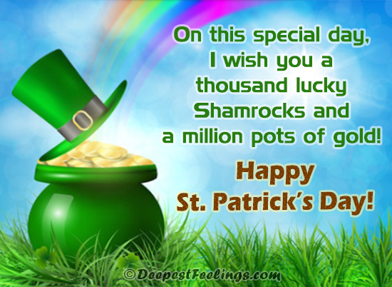 St. Patrick's Day card with the background of pot of gold, rainbow and hat