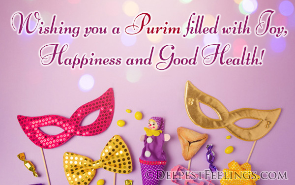 Purim card with the wishes of joy, happiness and good health