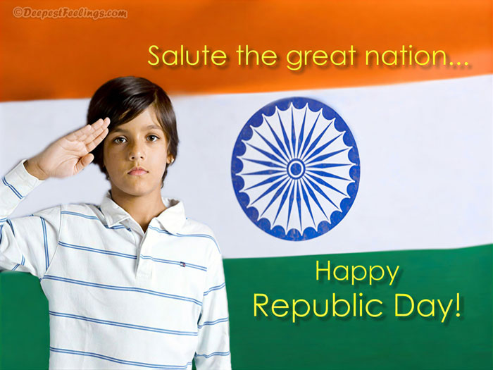 A patriotic Republic Day greeting card showing a young boy saluting in front of the Indian National Flag.