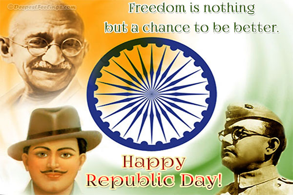 A Republic Day greeting card featuring the Ashoka Chakra and portraits of Mahatma Gandhi, Bhagat Singh, and Netaji Subhash Chandra Bose.