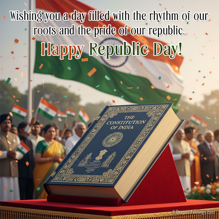 A Republic Day card featuring the Constitution of India on a pedestal with people holding flags in the background.