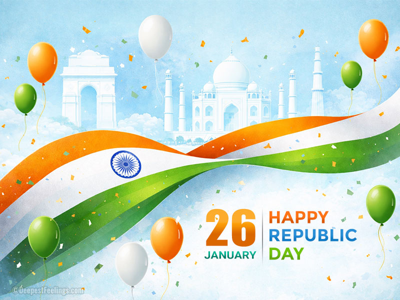 Digital illustration for January 26th showing a tricolor ribbon with the Ashoka Chakra and floating balloons over famous Indian monuments.