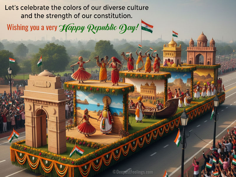 A vibrant Republic Day cultural tableau featuring traditional Indian dancers and heritage monuments passing India Gate