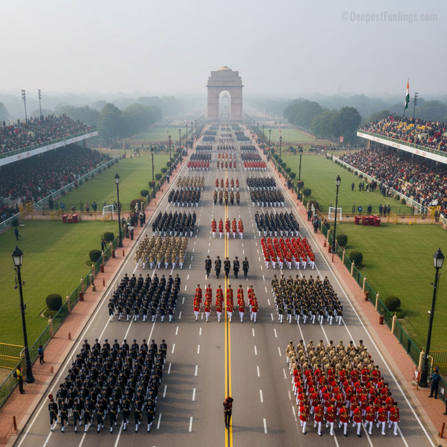 Republic Day parade at Kartavya Path with Indian armed forces marching, New Delhi