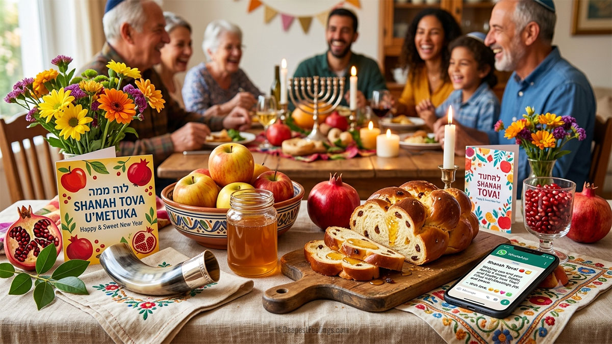 Rosh Hashanah 2026 greeting image with shofar, apples and honey for the Jewish New Year 5787
