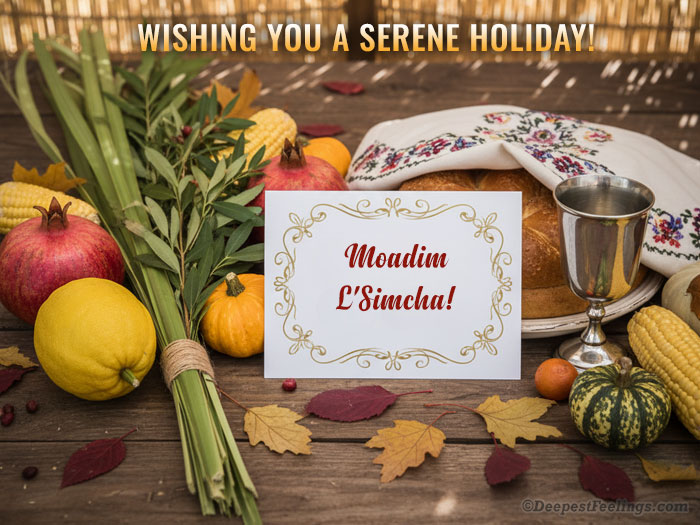 Moadim L'Simcha Sukkot Harvest Greeting Still life for Sukkot featuring the Four Species (Lulav and Etrog), harvest items, challah, and a card reading "Moadim L'Simcha"