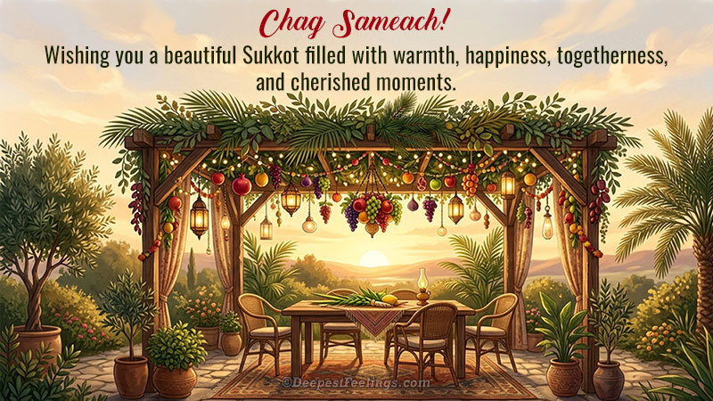 Happy Sukkot greeting card with a cozy decorated sukkah, leafy branches, lanterns and colorful fruits