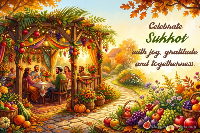 Sukkot harvest greeting card with a decorated sukkah, fruits, flowers and festive foliage