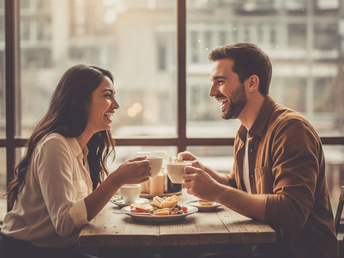 A smiling couple enjoying a romantic dating experience at a cafe.