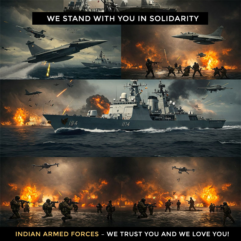 Montage of military forces showcasing jets, naval ships, and soldiers in action, with supportive text for the Indian Armed Forces