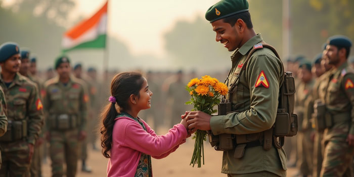 A little girl offers flowers to an Indian soldier, embodying solidarity with Indian soldiers