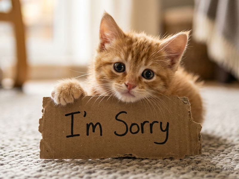 Adorable ginger kitten holding a cardboard sorry card with a pleading expression