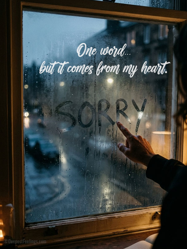 A moody and atmospheric sorry card design featuring a rainy windowpane and a hand-written apology, perfect for expressing deep regret.