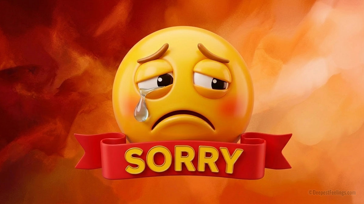 Sad crying emoji with a red ribbon saying SORRY, designed as an apology card for WhatsApp and Facebook