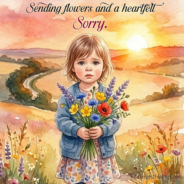 Child holding flowers sorry card for WhatsApp and Facebook