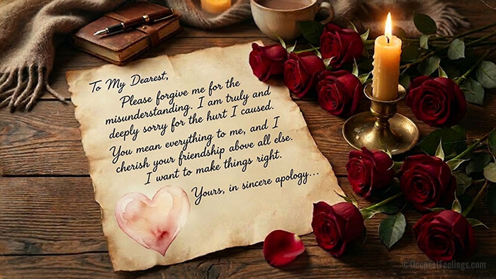 A vintage-style sorry card on aged parchment with a soft heart illustration, surrounded by red roses and candlelight on a wooden table.