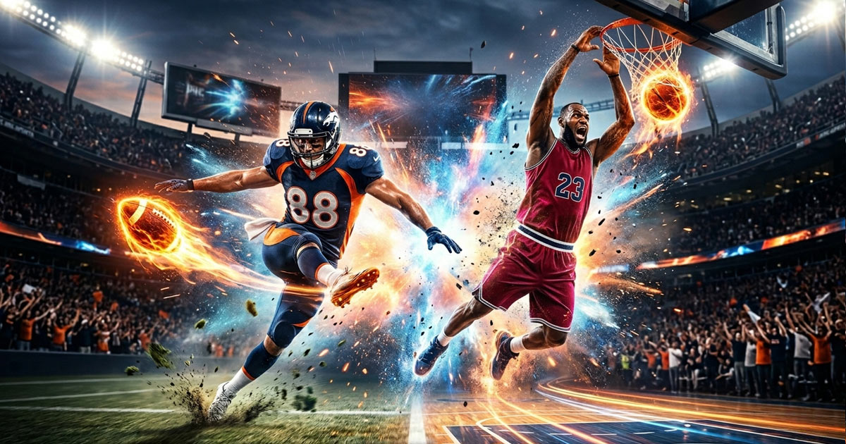 A dynamic cinematic scene featuring an NFL footballer kicking a glowing football and an NBA player dunking a basketball, representing the DeepestFeelings 2026 sports hub.