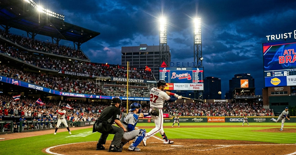 Atlanta Braves baseball game under stadium lights with players competing on the field at night