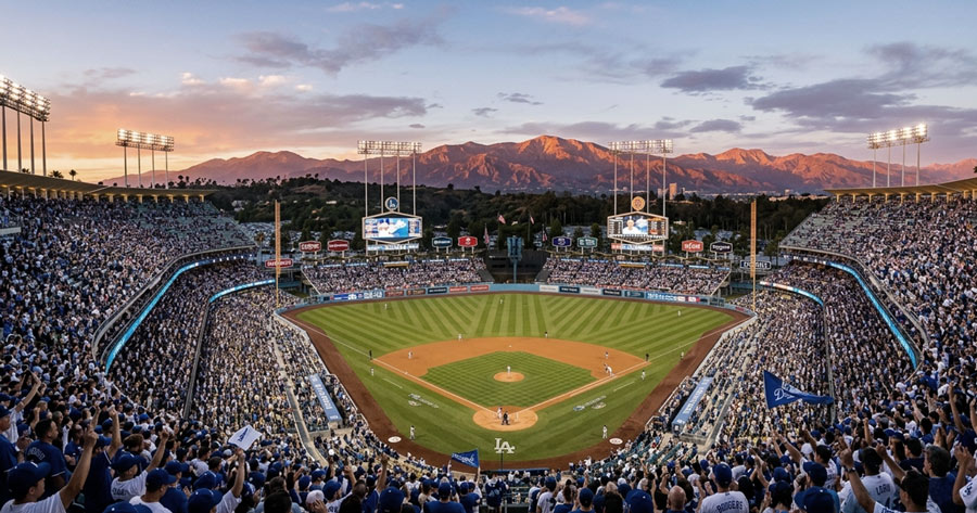 Dodger Stadium at sunset filled with Los Angeles Dodgers fans during an exciting MLB game