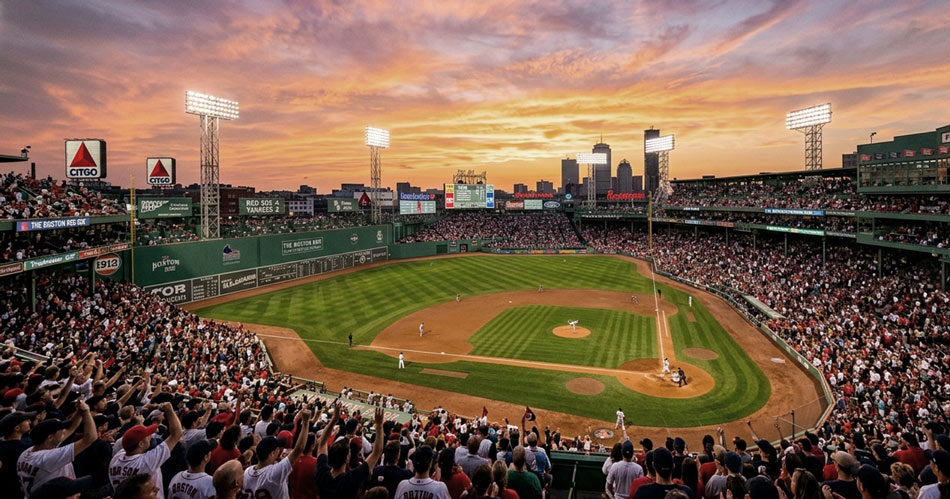 Boston Red Sox home game at Fenway Park during a colorful sunset