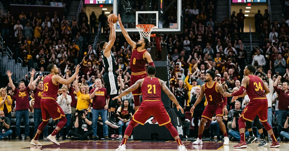Cleveland Cavaliers inspired basketball players executing strong team defense in wine and gold uniforms during an intense game