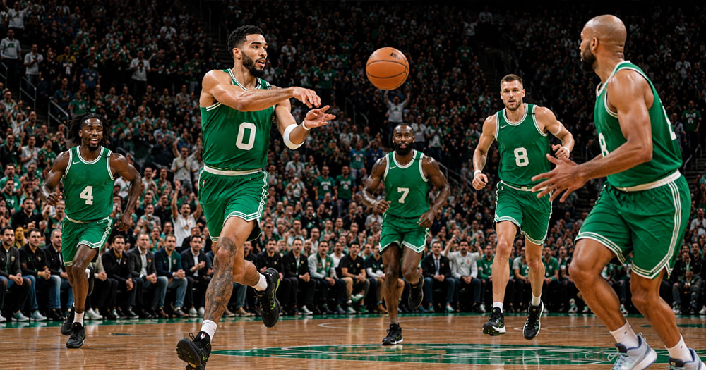 Boston Celtics players showcasing fast-break teamwork with crisp passing during an NBA-style game