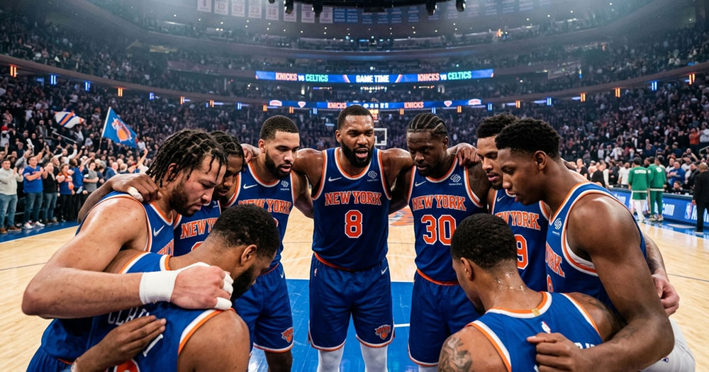 New York Knicks players in a pre-game team huddle before an NBA basketball game