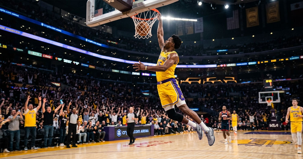 Los Angeles Lakers inspired basketball player performing a powerful slam dunk during an exciting NBA game