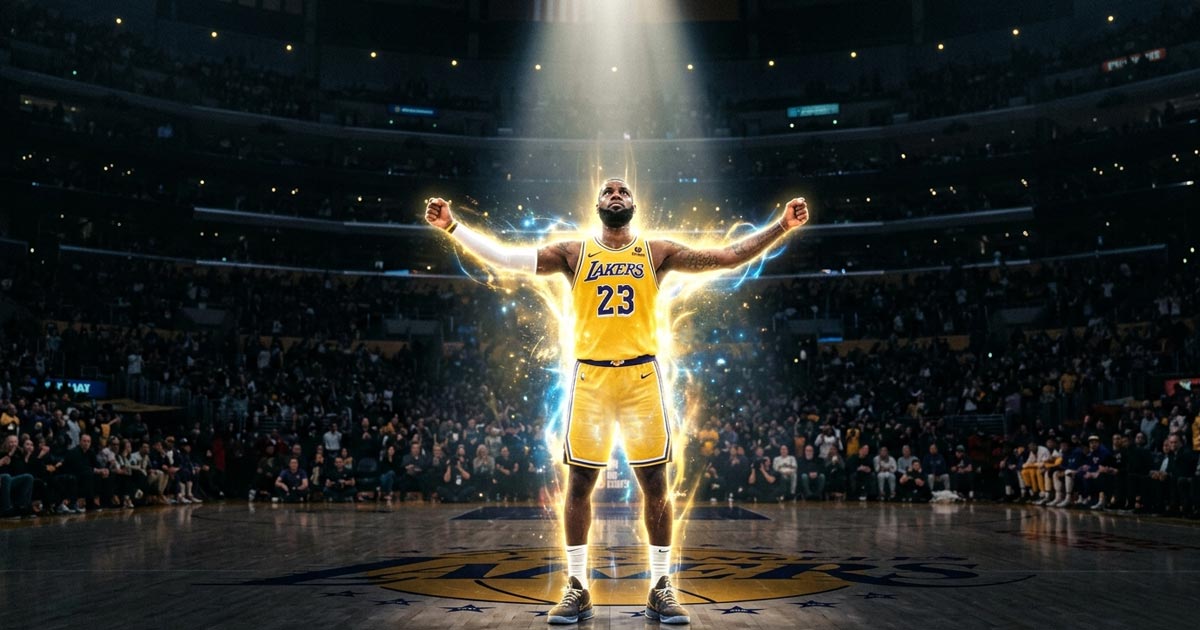 LeBron James standing in arena center with glowing aura and spotlight, powerful stance