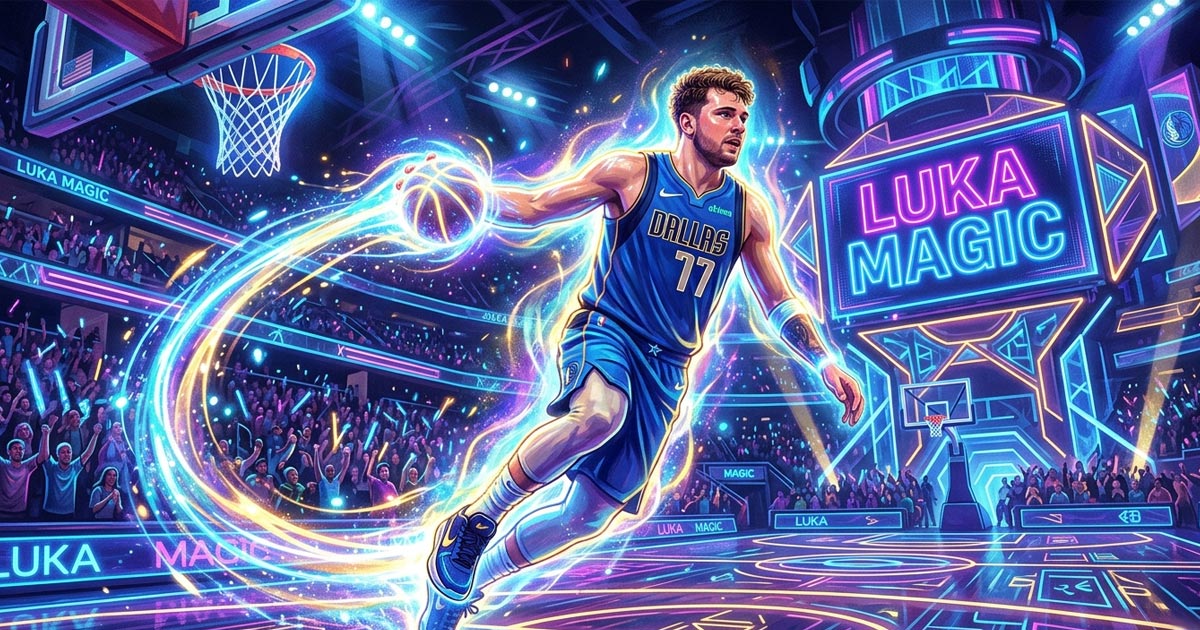 Vibrant digital art of Luka Dončić as 'Luka Magic' with a glowing blue aura and neon energy trails in a futuristic arena