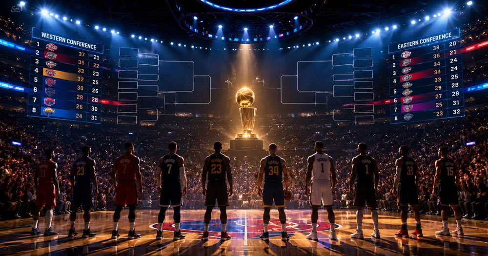 NBA outlook hero image with basketball players facing a championship trophy in a packed arena