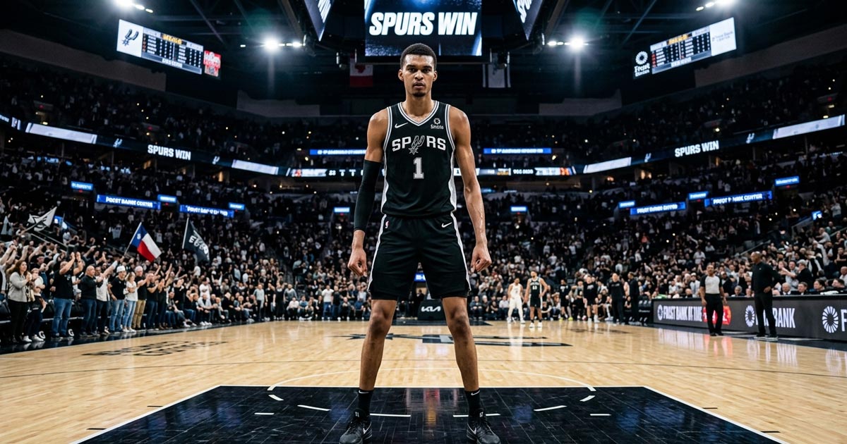 Victor Wembanyama in San Antonio Spurs jersey standing on court