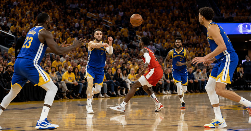 Golden State Warriors-inspired basketball players showcasing beautiful ball movement and teamwork during a fast-paced offensive play