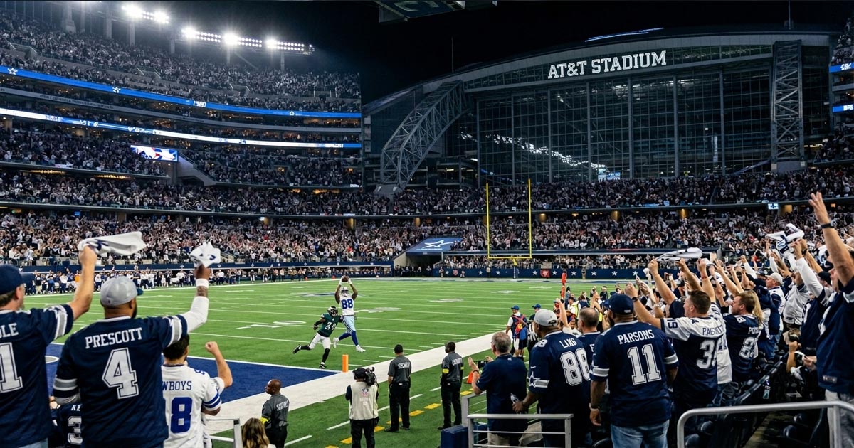 Dallas Cowboys fans cheering during an NFL game day atmosphere