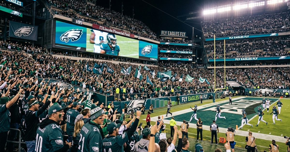 Philadelphia Eagles inspired football team and fans in a packed stadium under bright lights