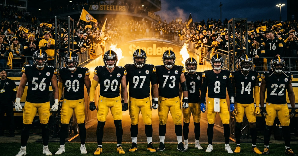 Pittsburgh Steelers players standing shoulder to shoulder before an important NFL matchup